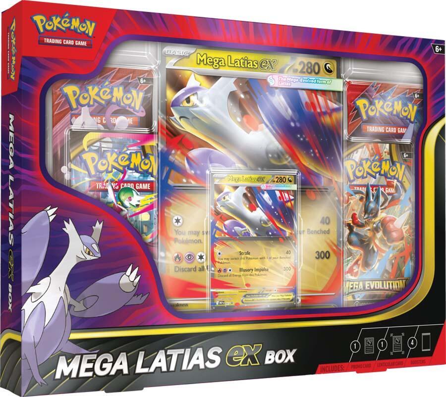Pokémon trading card game Mega Latias EX box with cards and artwork.