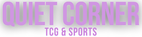 Purple 'QUIET CORNER TCG & SPORTS' text on a white background
